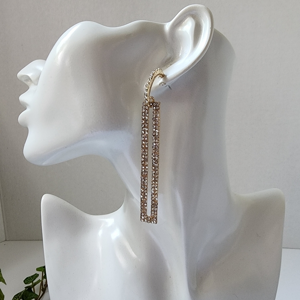 Gold Crystal Long Geometric Needle Bar Drop Earrings - Picture 4 of 6